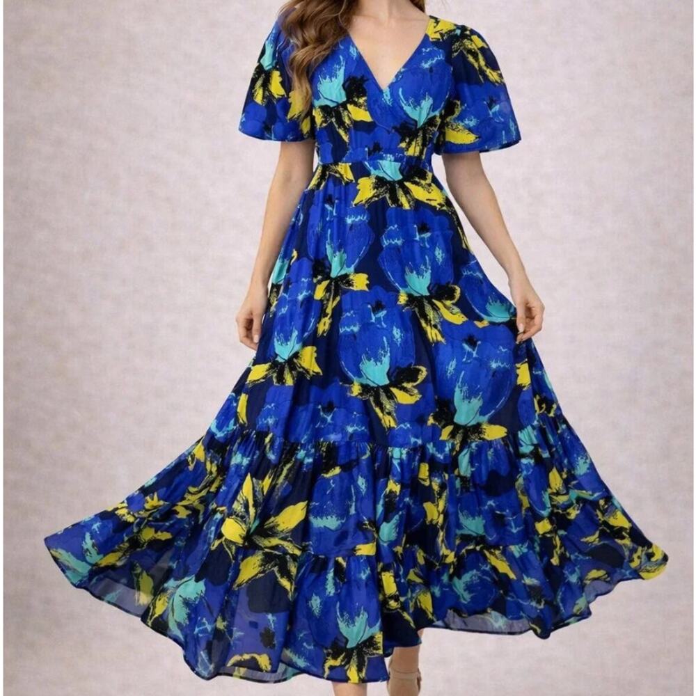 Christopher John Rogers x Target Floral Tiered Puff Sleeve Dress Blue Size 12 - Picture 2 of 12